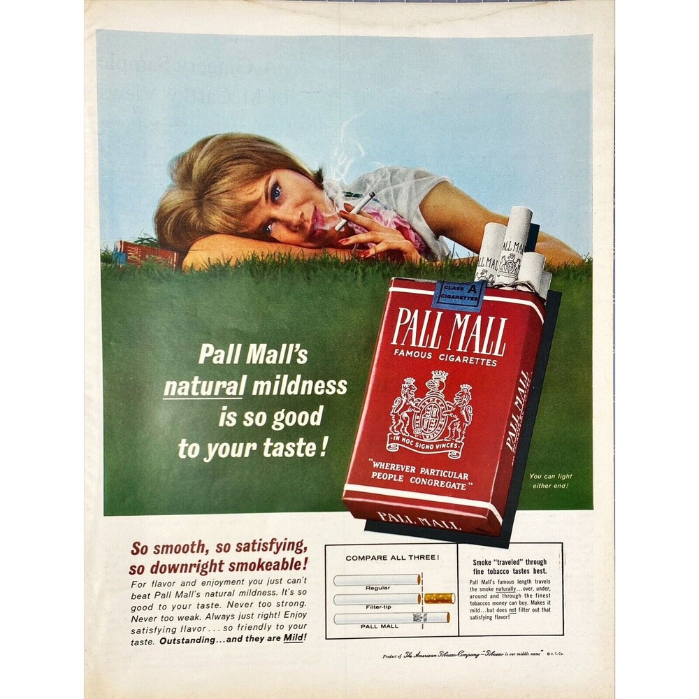 Pall Mall Cigarettes "Natural Mildness is so good to your taste" Print Ad 1963